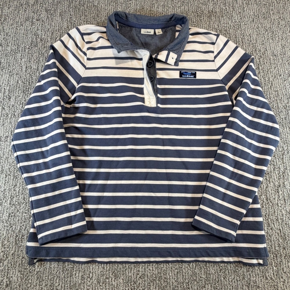L.L.Bean Rubgy Shirt Mens Large L Blue White Striped Long Sleeve Cotton Y2K